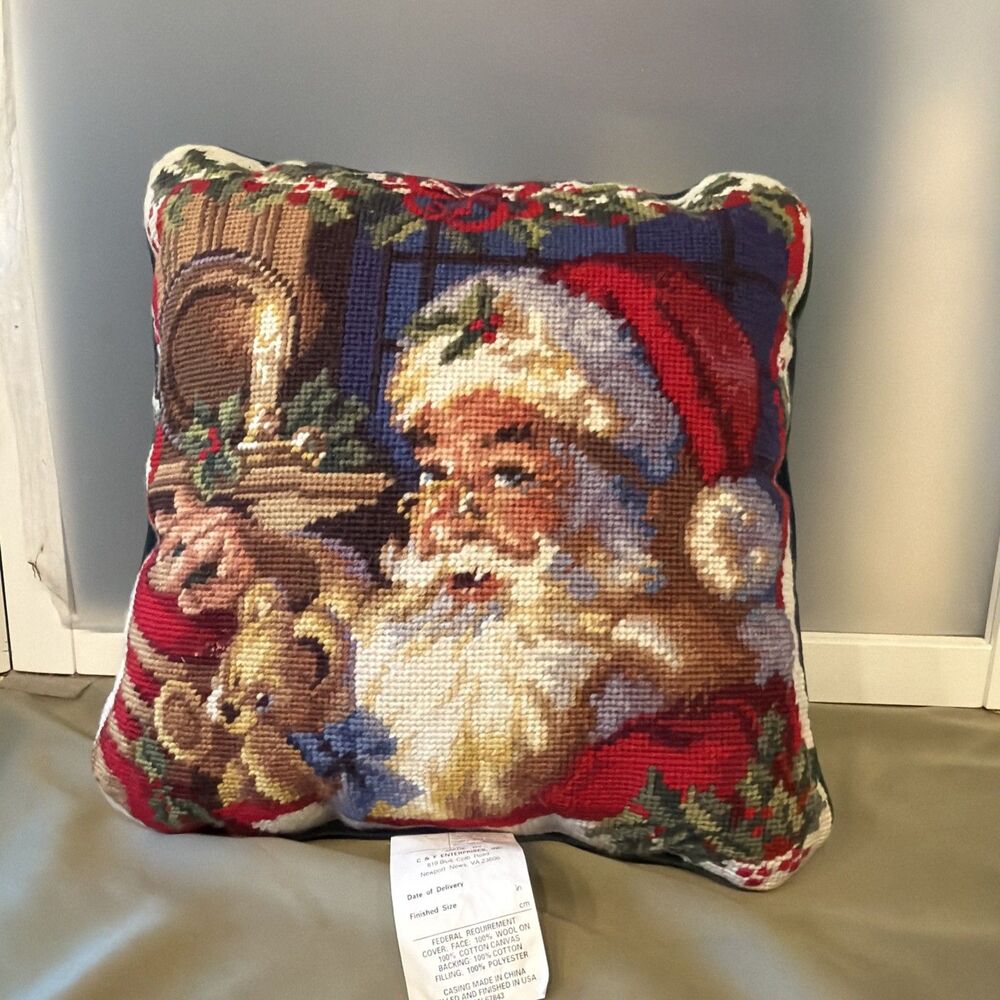 Vintage Christmas Santa and Toys Needlepoint Pillow Multicolor Green Wool 12x12